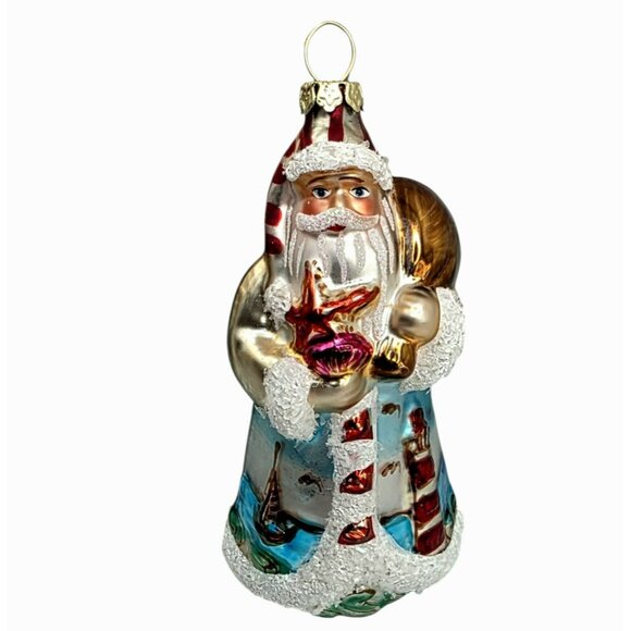 Vintage Coastal Santa Claus Christmas Ornament Nautical Sea Lighthouse Sailboat - Picture 10 of 10
